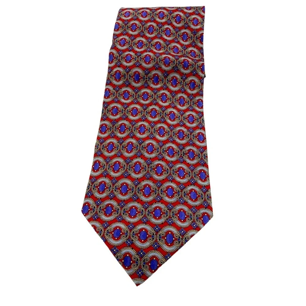 Valentino Necktie. Red with Purple Ovals Abstract Design.
